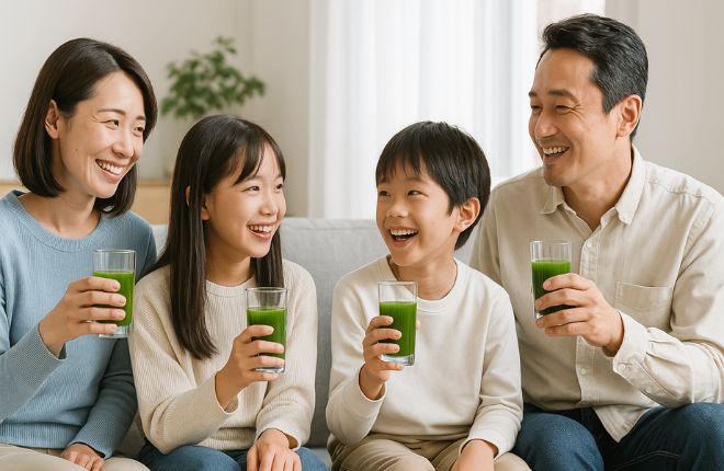 青汁入り乳酸菌のグリーンモンスターを飲む家族