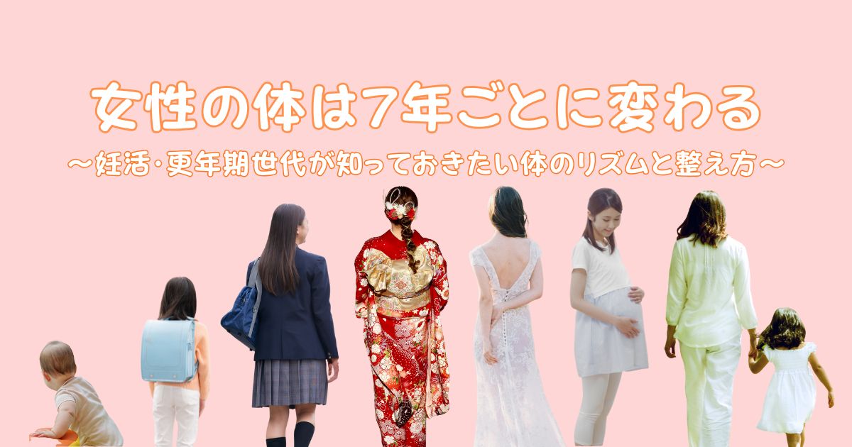 7歳ごとの女性が並んでいる。女性の体の変化は7年ごとに変わる。