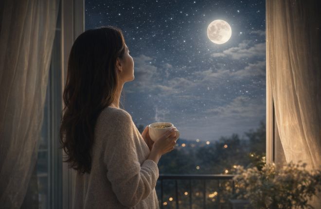 月を眺めながらハーブティーでリラックスする女性