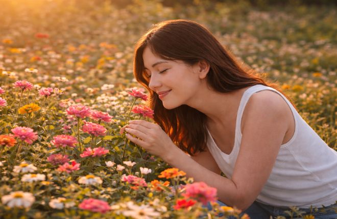 花畑で花の香りをかぐ幸せそうな女性