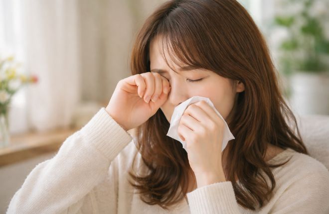 花粉症で苦しんている女性