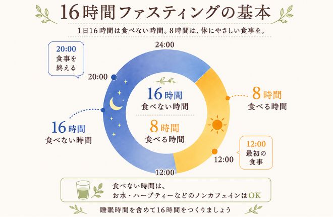 16時間食事をとらず、8時間食事をとるスケジュール図解